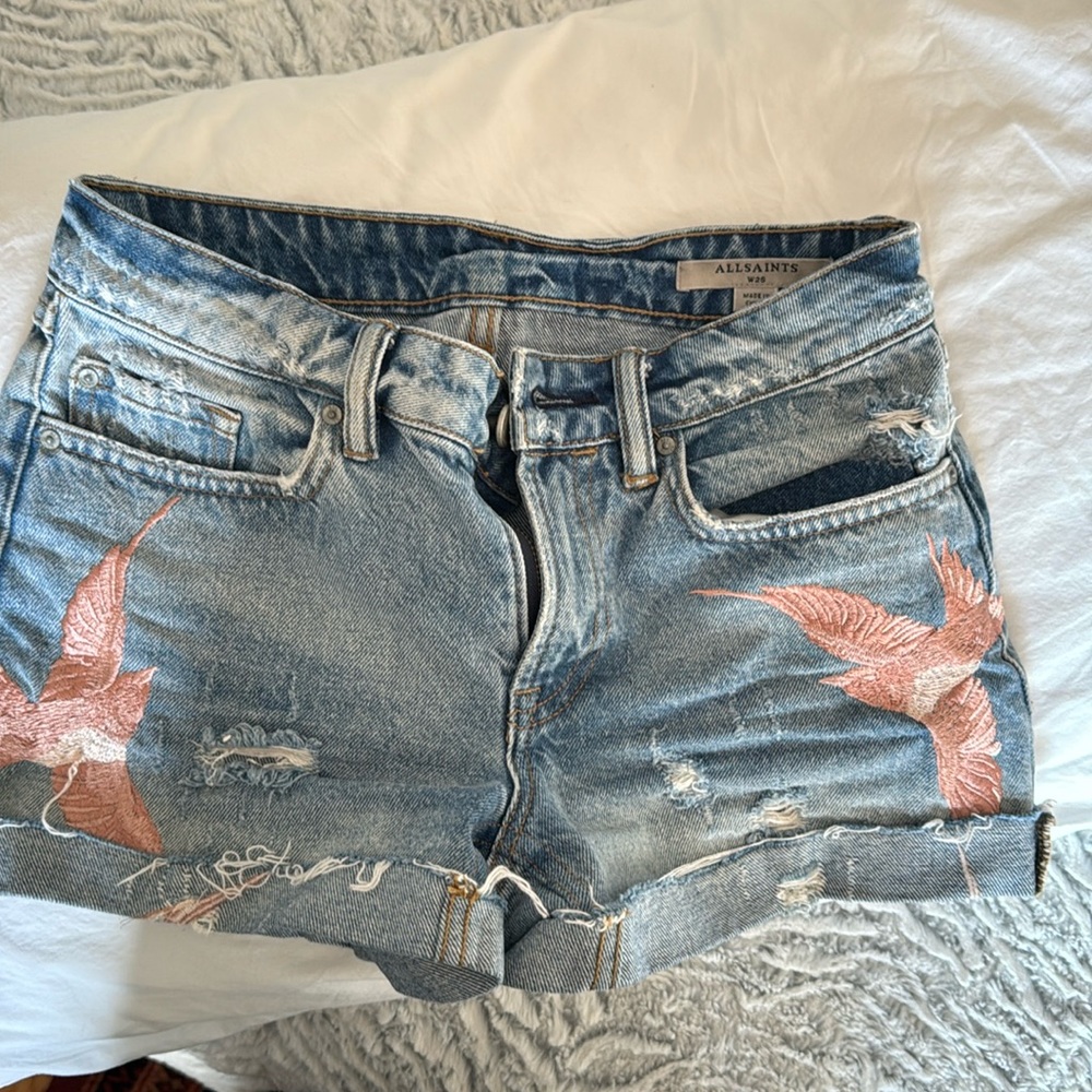All saints denim embroidered shorts